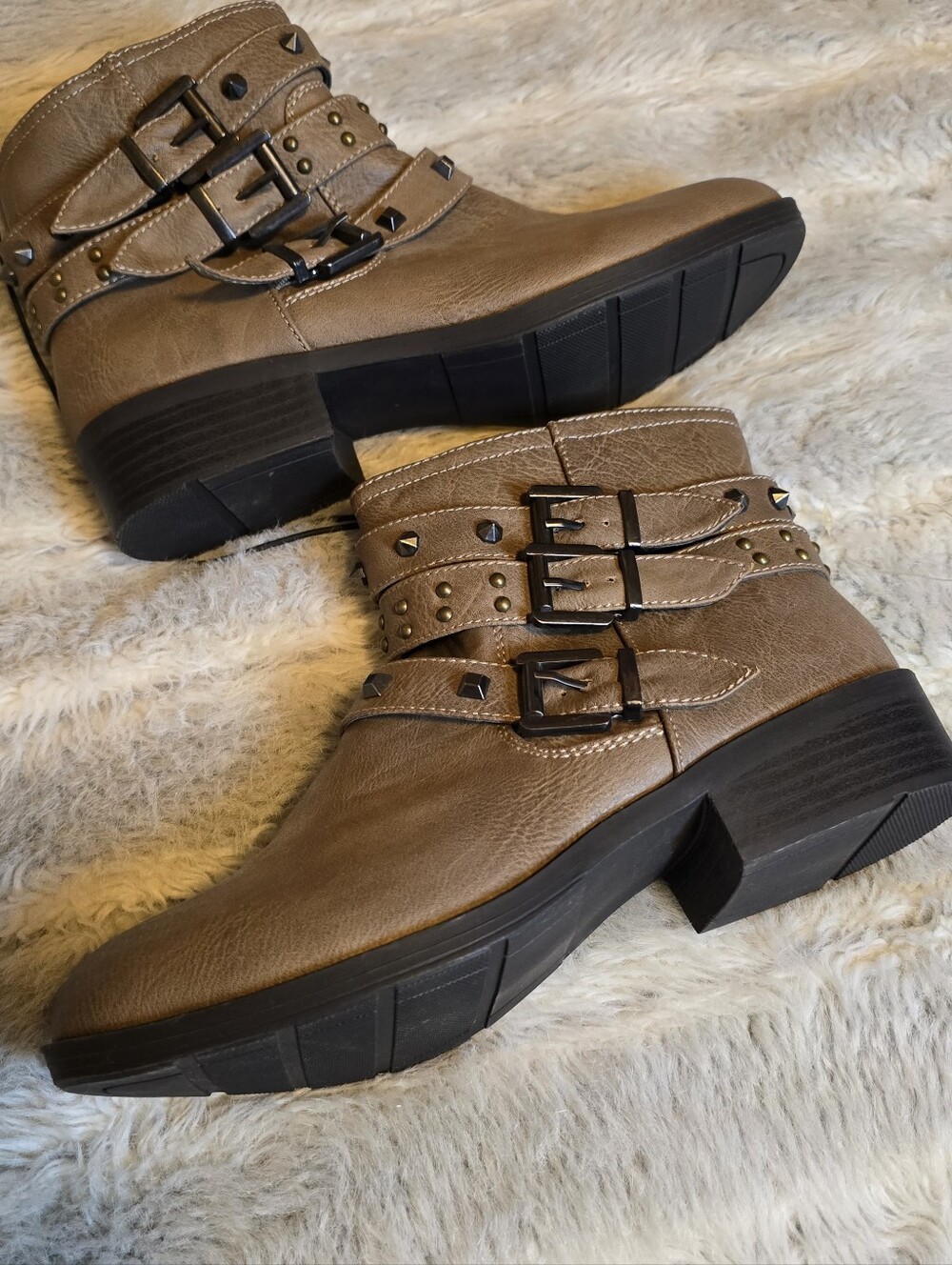 Source Unknown Taupe Buckle & Stud Ankle Booties